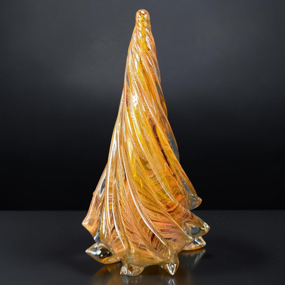 Pier 1 Art Glass Christmas Tree Figurine Amber Copper Glitter 8inch Paperweight